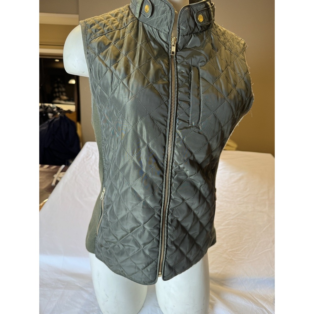 Women's Olive Green Quilted Vest Equestrian Riding Heritage Preppy Stretch Side